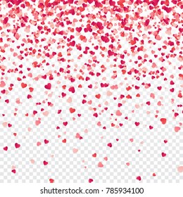 Heart confetti. Valentines, Womens, Mothers day background with falling red and pink paper hearts, petals. Greeting wedding card. February 14, love.Transparent background.