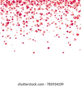 Heart confetti. Valentines, Womens, Mothers day background with falling red and pink paper hearts, petals. Greeting wedding card. February 14, love.White background.