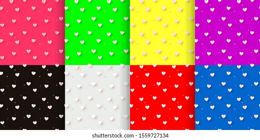 Heart confetti wedding vector background. Gorgeous falling hearts isolated graphic design.Valentines day concept. Heart shape overlay on red, green, yellow, blue, purple backdrop for romantic occasion
