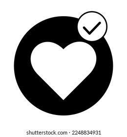 Heart with with confirmation check mark, positive sign, coveted line icon black on white. Wishlist and Charity Element. Outline vector.