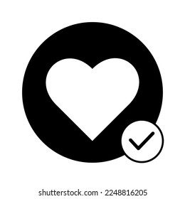 Heart with with confirmation check mark, Wishlist and Charity Element. Outline vector. Positive sign, coveted line icon black on white. 