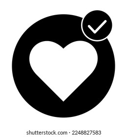 Heart with with confirmation check mark, Wishlist and Charity Element. Outline vector. Positive sign, coveted line icon black on white. 