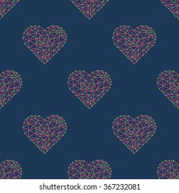 Heart with connected lines and dots. Wireframe mesh polygonal element. Valentines day. Seamless Pattern. Vector illustration