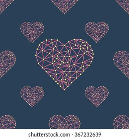 Heart with connected lines and dots. Wireframe mesh polygonal element. Valentines day. Seamless Pattern. Vector illustration