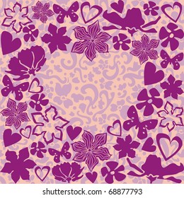 heart consist of flowers and patterns on violet background. Vector illustration