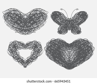 Heart consist of lines. Abstract Hearts designs set Hipster style. Black and white linear hand drawn art for card, posters, fabric print. Vector illustration