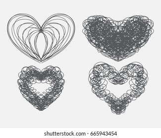 Heart consist of lines. Abstract Hearts designs set Hipster style. Black and white linear hand drawn art for card, posters, fabric print. Vector illustration