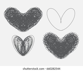 Heart consist of lines. Hearts designs set. Black and white linear hand drawn art for card, posters, fabric print. Vector illustration