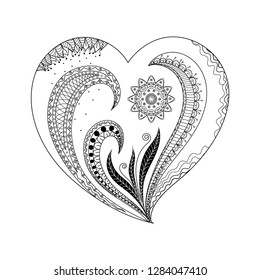 Heart consisting of flowers leafs and plants. Black and white vector illustration isolated on white background. Design element for Valentines Day card. Line art. Flat design. Hand-drawn. Vector.