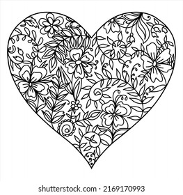 Corazón formado por flores y plantas. Antiestrés del libro de colores. Ilustración del vector