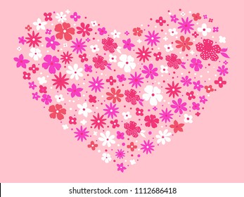 Heart consisting of flowers on the pink background. Vector illustration.