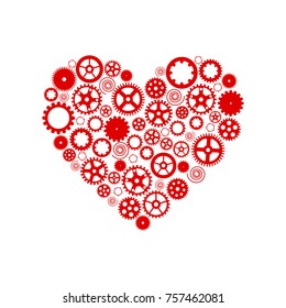 Heart consisting of gears. Red on a white background. Vector illustration