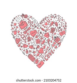Heart, consisting of many small pictures on the theme of love, feelings and romance. For a postcard for Valentine's Day. Love. The senses. Emotions. Romance. Vector. Doodle. Drawn by hand.