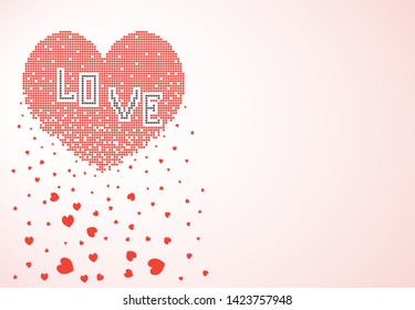 Heart consisting of many small pixel hearts dissolves, crumbles in the form of leaves. Vector illustration, banner, isolated light background.