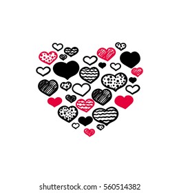The heart consists of a variety of different sized hearts drawn by hand on a white background red and black colors. Isolated. Vector illustration. Valentine's Day. Holiday greetings.