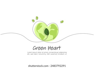 Corazón. Dibujo de arte de línea continua. Tierra verde en forma de corazón. Ecología y Medio Ambiente. Ilustración vectorial de arte lineal.