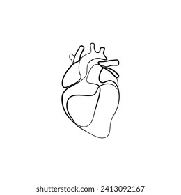 Heart continuous line drawing, isolated vector illustration, human heart small tattoo, print and logo design, single line on white background. 