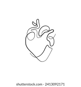 Heart continuous line drawing, isolated vector illustration, human heart small tattoo, print and logo design, single line on white background. 