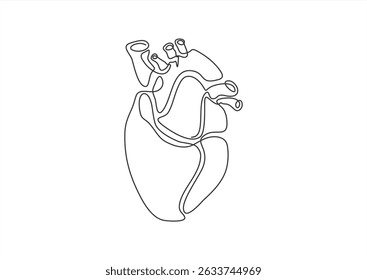 Desenho de linha contínua do coração, ilustração vetorial isolada, tatuagem pequena do coração humano, design de impressão e logotipo, linha única sobre fundo branco. 