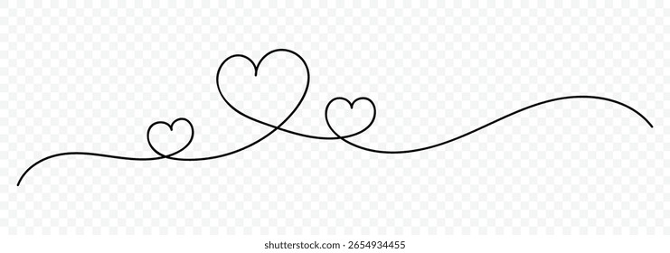 Desenho de linha contínua do coração. Um desenho contínuo do sinal de amor forma coração. Fino florescer e símbolos românticos em estilo linear simples. Sinal de simplicidade isolado no fundo branco.