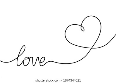 Heart continuous line drawing. Single hand drawn contour heart with word love for romance design, wedding greeting. Shape one heart lineart. Heart fashion icon isolated on white background. Vector