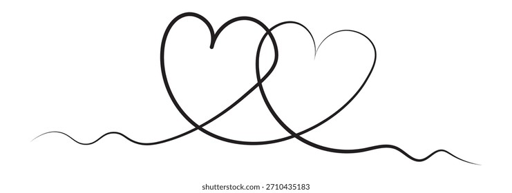 Heart continuous one line art drawing of heart hand drawn. Continuous line drawing of hearts. One line love concept. Valentine day linear drawing. Wedding, love and relationships background.