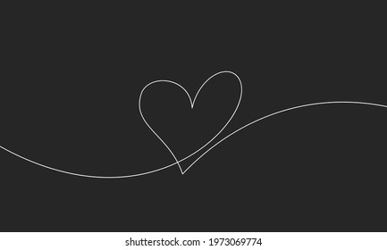 Heart continuous one line drawing, Black and white vector minimalist illustration of love concept made of one line, White line on black background
