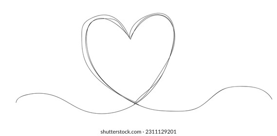 Dibujo de una línea continua del corazón, ilustración de vector minimalista en blanco y negro del concepto de amor hecho de una línea