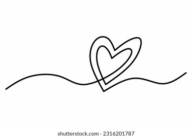 Dibujo de una línea continua de corazón, dibujado con doble mano de corazón, ilustración minimalista de vector negro y blanco del concepto de amor hecho de una línea.
