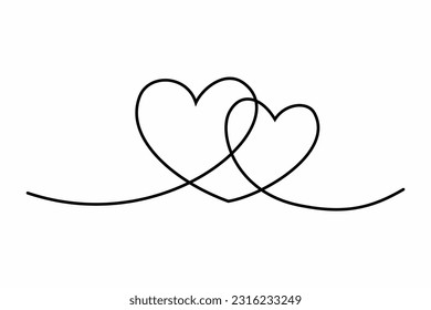 Dibujo de una línea continua de corazón, dibujado con doble mano de corazón, ilustración minimalista de vector negro y blanco del concepto de amor hecho de una línea.