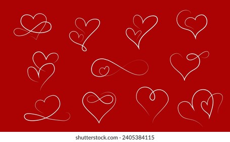 Heart continuous one line drawing. Vector on red background