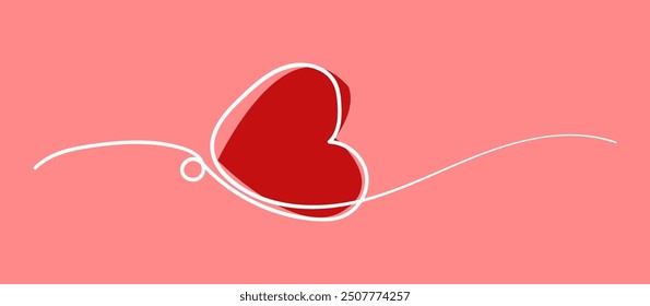 Heart continuous one line drawing, White line and Red heart vector minimalist illustration of love concept made of one line style. Single heart isolated on bright background