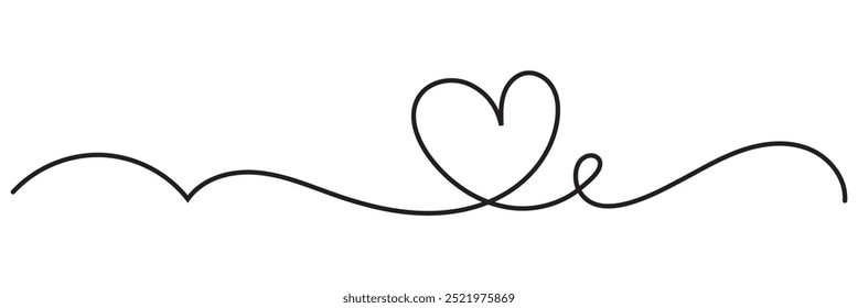 Heart continuous one line drawing, Black and white vector minimalist illustration of love concept made of one line