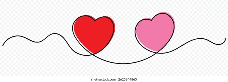 Heart continuous one line drawing. One Continuous line drawing of two, three hearts with love signs. Hand drawn doodle vector illustration