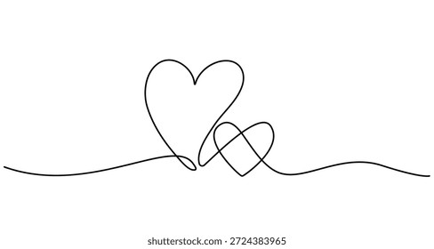 Corazón Continuo Una Línea Dibujar A Mano Estilo Simple. Día de San Valentín Linda Plantilla. Diseño de contorno de corazones de pareja para impresión, Anuncio, Web, redes sociales. Ilustración vectorial. No es IA