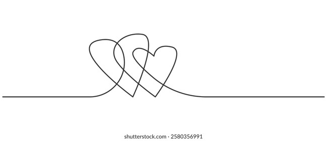 Heart contionous line drawing. Two hearts continous line. Valentine day concept. Editable stroke