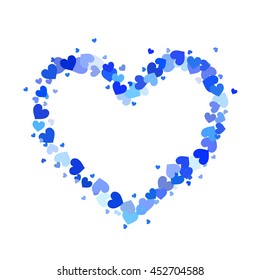 Heart contour made up of little cyan and blue hearts isolated on white