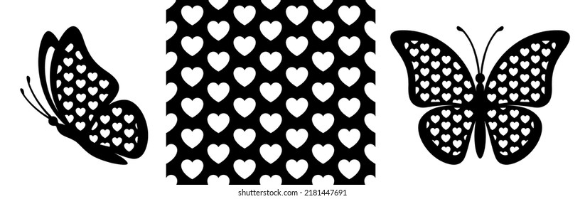 Patrón sin fisuras de contorno cardíaco y mariposa de vista lateral. Icono vectorial creativo valentino y fondo de muestra de textura sin fisuras de amor para diseño de impresión decorativa, tarjeta de saludo, certificado de regalo