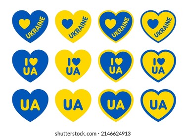 Heart contour stickers with Ukrainian flag colors and the country name Ukraine. Icon vector design elements for decoration design. Modern concept is perfect for patriot sticker and icon