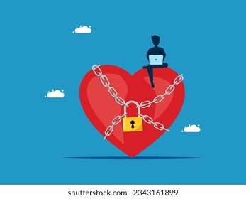Heart control. man locks the heart with a padlock