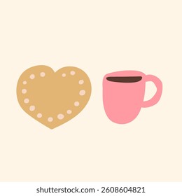 Heart cookie and cup of coffee. Hand drawn illustration. Flat vector graphic design.