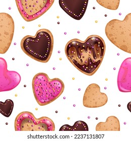 Heart cookie seamless pattern, holiday baked sweets, vector Valentine’s Day dough food background. Chocolate glaze cake, cartoon cafe cream dessert love texture. Heart cookie breakfast pink backdrop