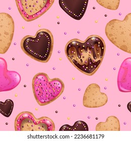 Heart cookie seamless pattern, vector Valentine’s Day dough food background, holiday baked sweets. Chocolate glaze cake, cartoon cafe cream dessert love texture. Heart cookie breakfast pink backdrop