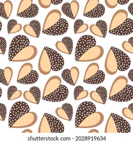 Heart cookie with white pearl. Vector seamless pattern with heart shaped cookie. Design for Valentine's Day, love cards, decor, wrapping paper.