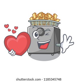 With heart cooking french fries in deep fryer cartoon