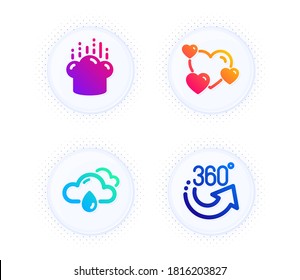 Heart, Cooking hat and Rainy weather icons simple set. Button with halftone dots. 360 degrees sign. Love rating, Chef, Rain. Full rotation. Business set. Gradient flat heart icon. Vector