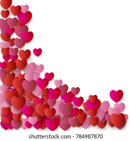 heart corner confetti Background for Valentine's day, red hearts flying, Love symbol border for 14 February frame or border  isolated on white, vector illustration