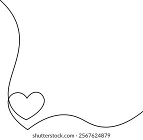 Heart corner and love sign in continuous one line drawing. Love symbol on transparent background. Banner for valentines day. Abstract hearts. Editable stroke, hand drawn sketch minimalism illustration