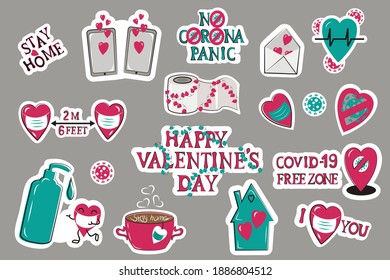 Heart, coronavirus stickers pack. Valentine's Day icons. Safety during the holiday. Vector illustration.