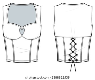 Heart Corset Top with Heart-shaped cut-out details technical fashion illustration. Corset Top template vector illustration. front and back view. white color. fashion flats, CAD mock-up set. 